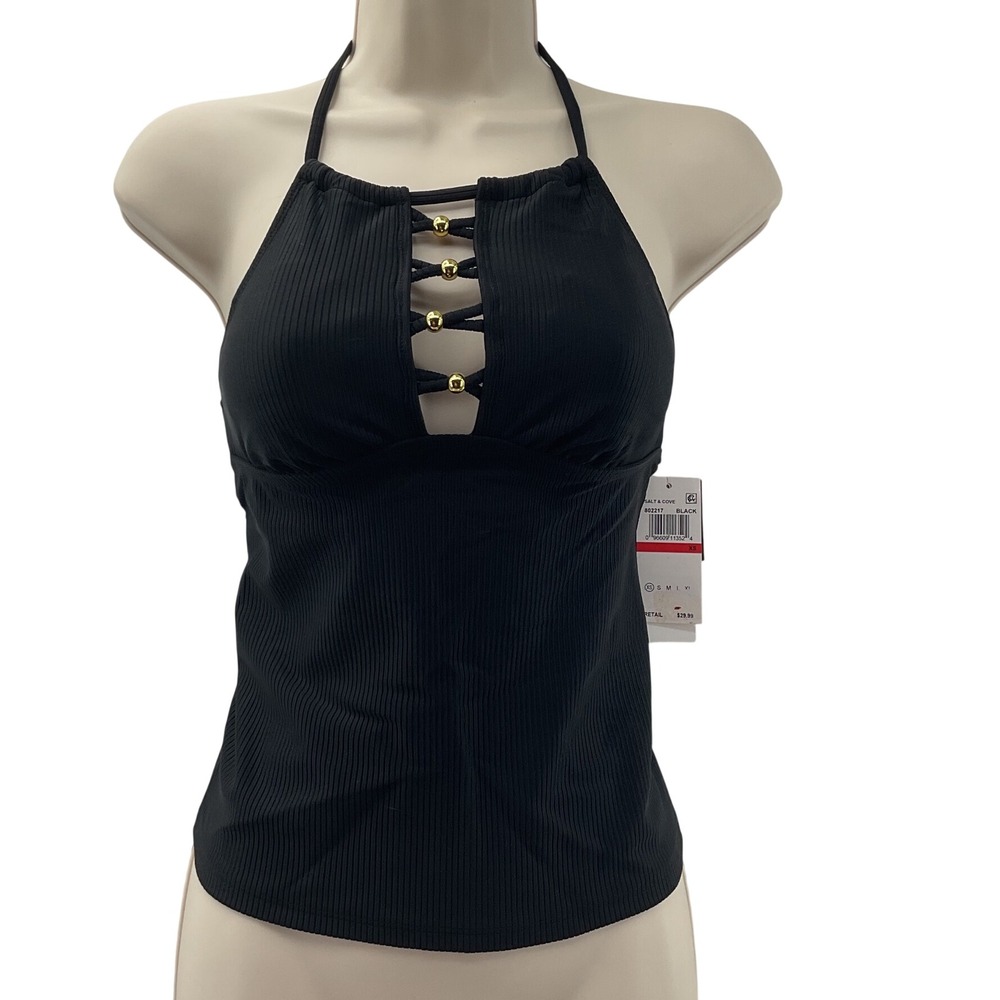Salt & Cove Womens Black Ribbed Halter Tankini Top Gold Bead Cutout XS NEW